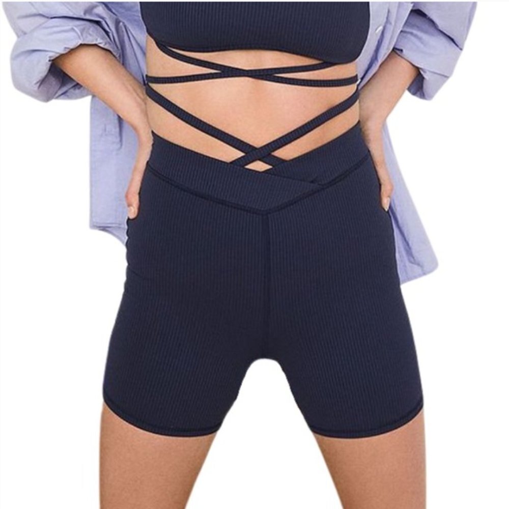 NWT | For Love and Lemons Chloe Ribbed Biker Shorts in Midnight Blue Size XS